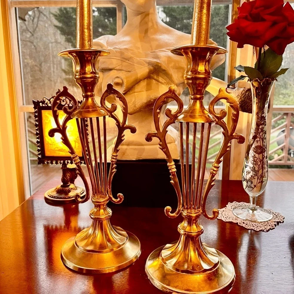 Pair of Lyre Shaped Brass Candle Holders 10-1/8